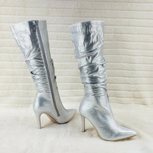 Sparkle Trend Silver Rhinestone Slouchy Scrunch High Heel Knee Boots - Totally Wicked Footwear