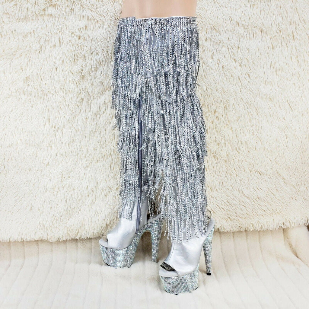 Bejeweled 3019DM Silver Rhinestone Platform 7" High Heel Fringe Thigh Boots NY - Totally Wicked Footwear