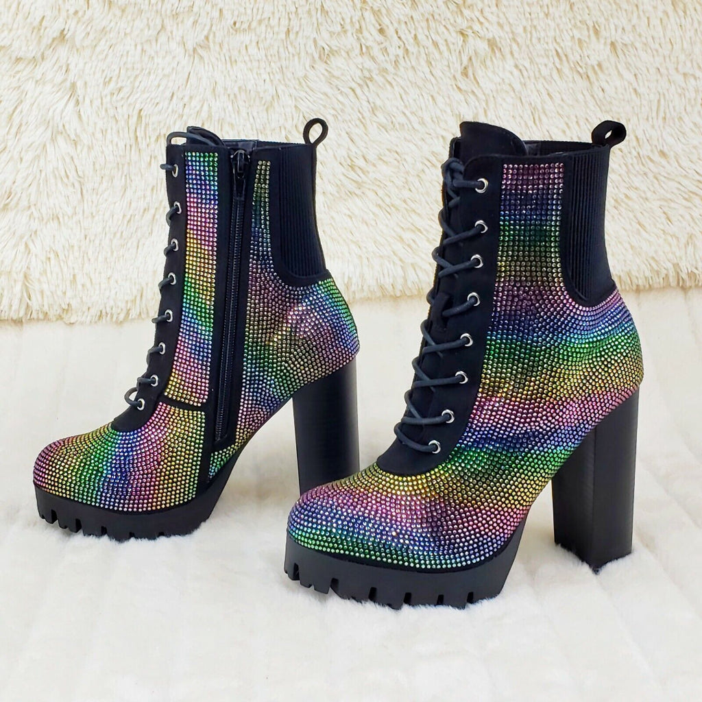 Wild Diva Veronica Rainbow Rhinestone Chunky Heel Ankle Boots Black - Totally Wicked Footwear