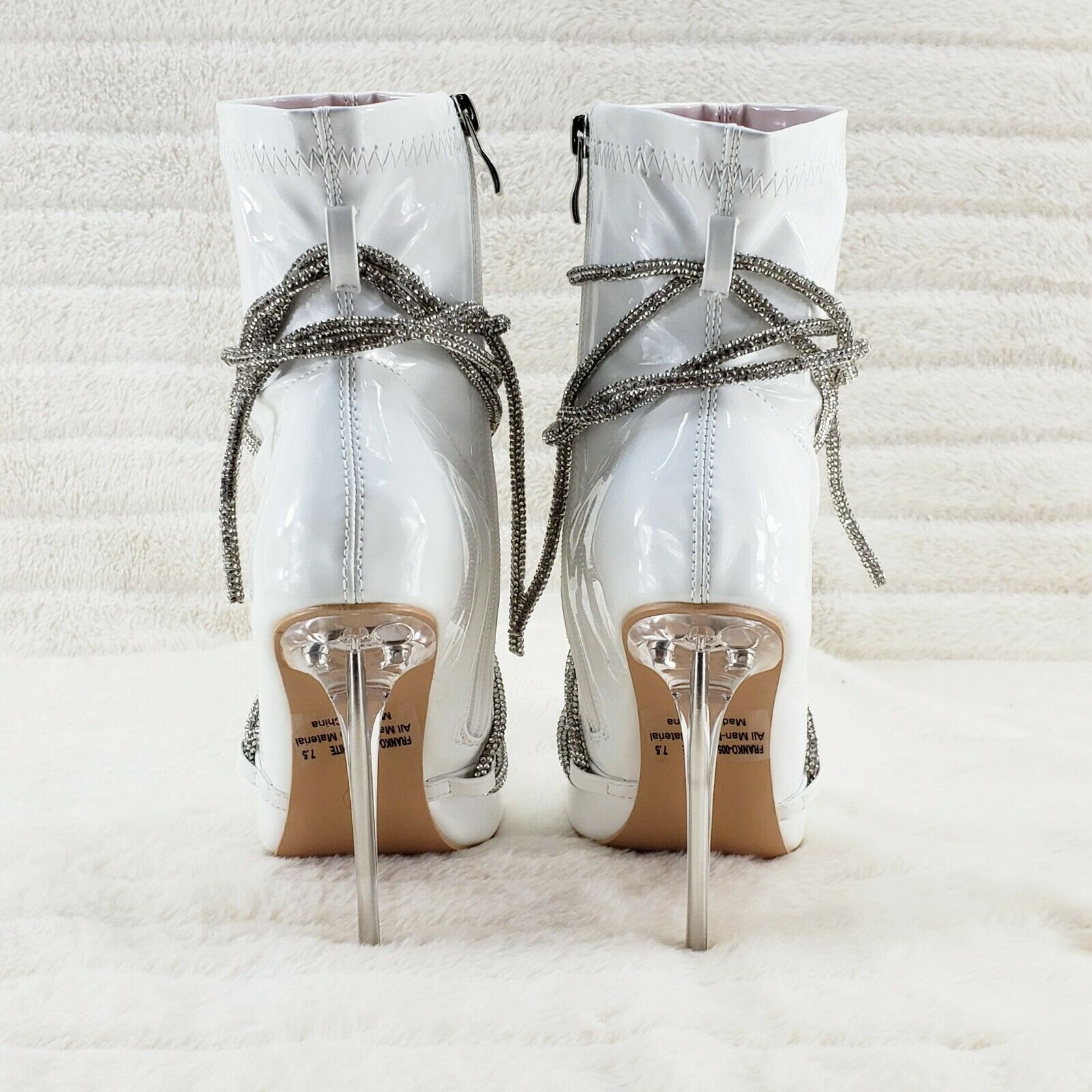 Destiny White Stretch Patent Cable Rhinestone Strap High Heel Ankle Boots - Totally Wicked Footwear