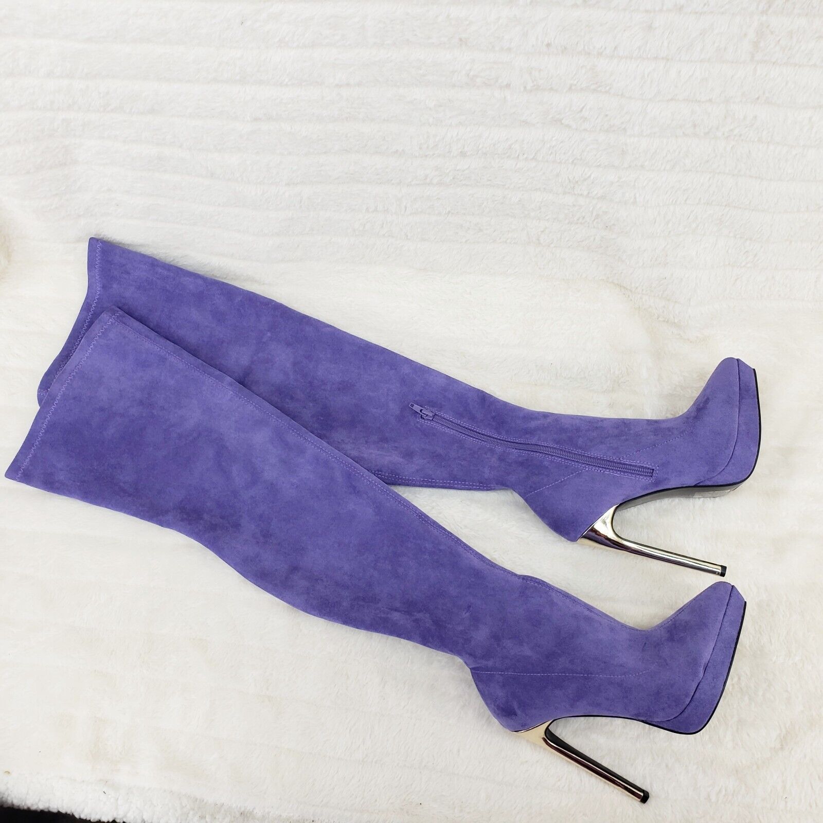 Sexy Girlz Faux Stretch Purple Suede High Heel Pointy Toe Platform Thigh Boots - Totally Wicked Footwear