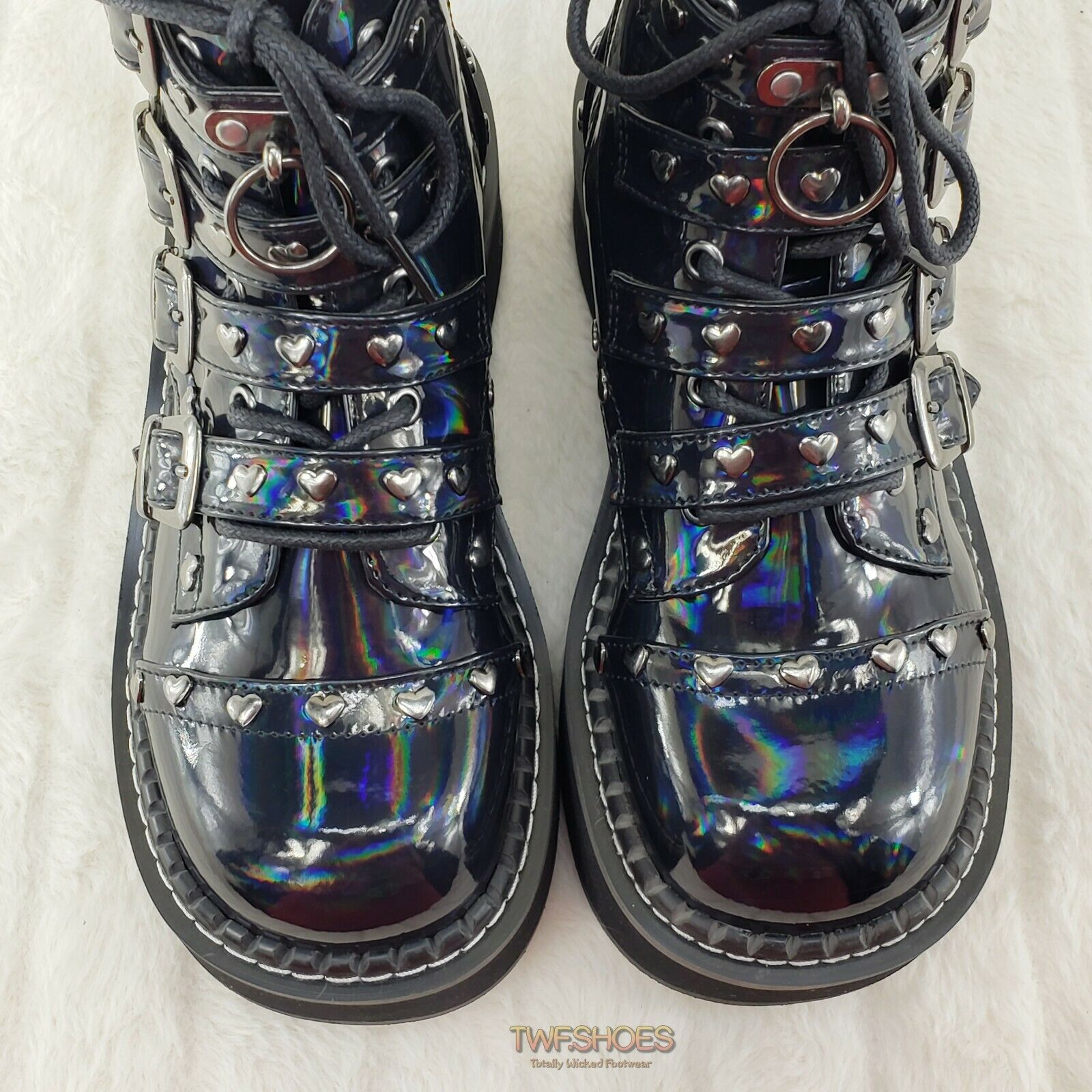 Demonia Emily 315 Black Holo Patent Heart Stud 2" Platform Ankle Boot Shoes NY - Totally Wicked Footwear