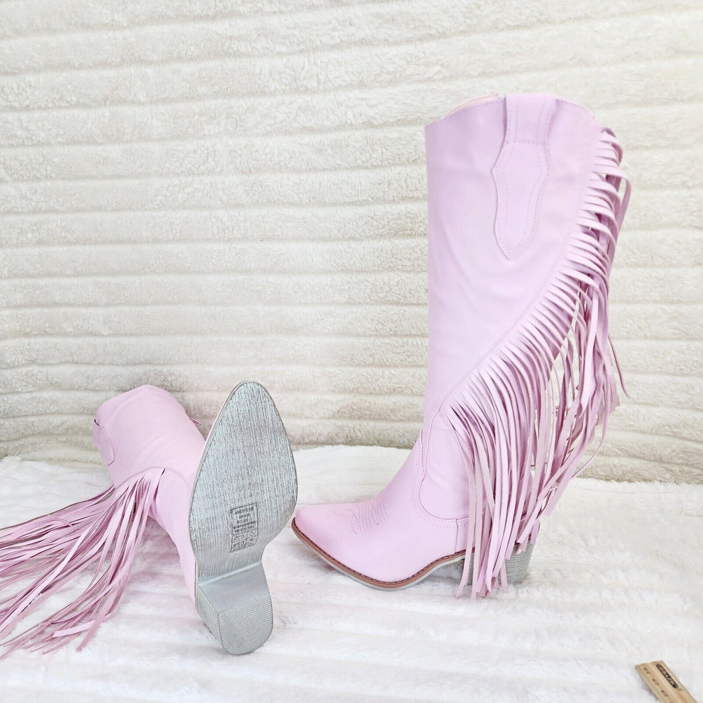 Wild One Baby Pink Asymmetrical Side Fringe Cowboy Cowgirl Boots Plus - Totally Wicked Footwear