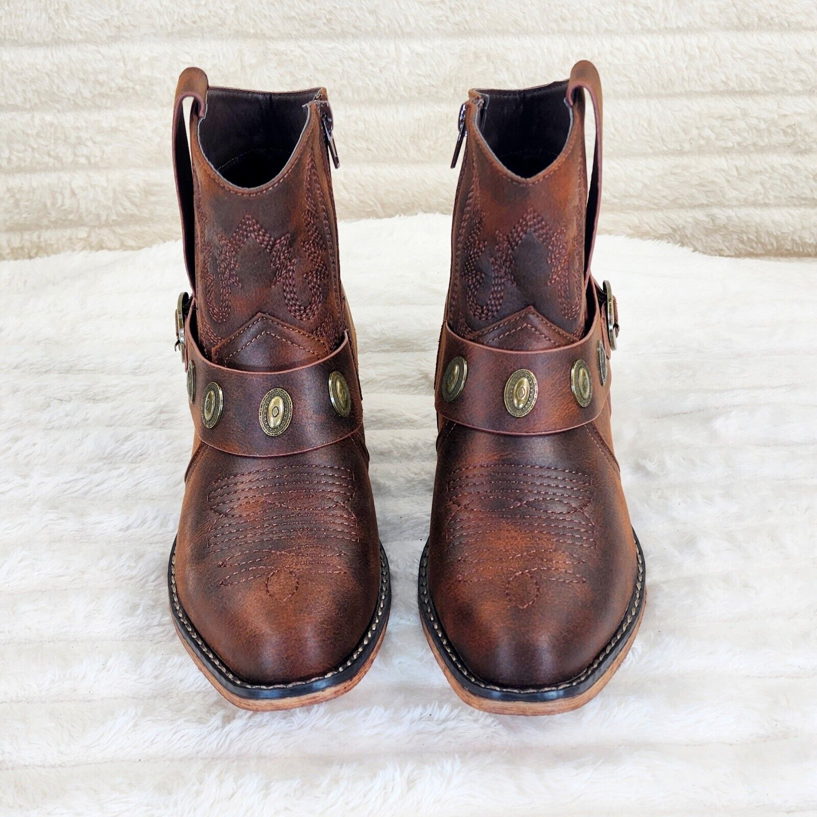 Wild West Brown Distressed Western Cowgirl Pull On Ankle Boots - Totally Wicked Footwear