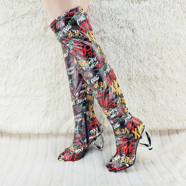 Zen Colorful Graffiti Print Over The Knee Boots With Wedge Heart heels - Totally Wicked Footwear