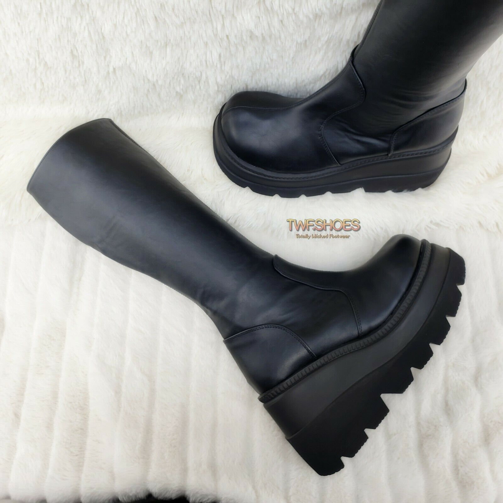 Demonia Shaker 100 Black Matte Platform 4.5" Wedge Heel Knee Boots NY - Totally Wicked Footwear