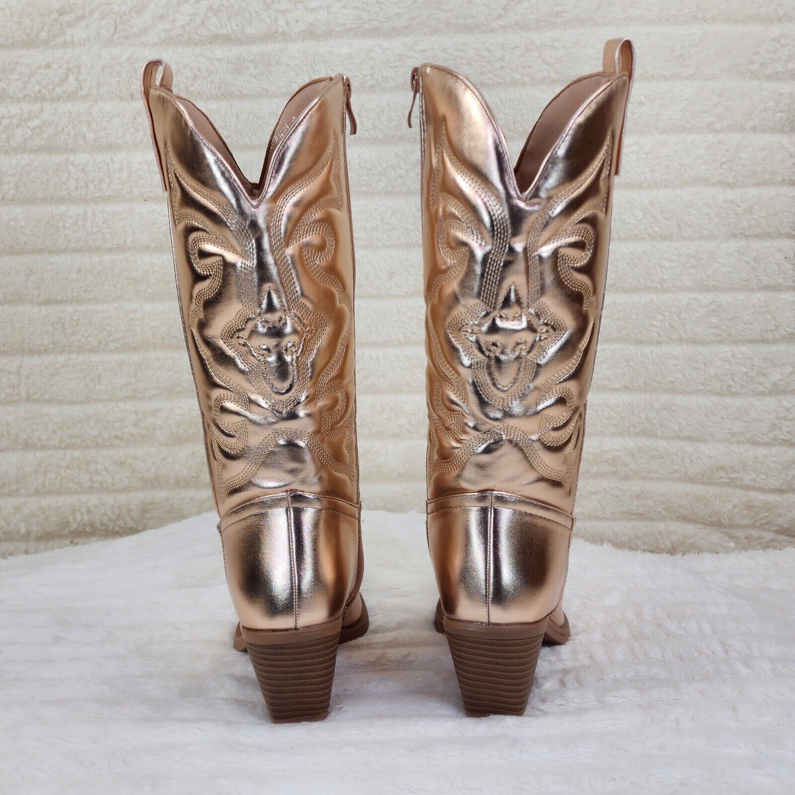 Disco Cowgirl Metallic Rose Gold Cowboy Knee Boots Western Block Heels US Sizes - Totally Wicked Footwear