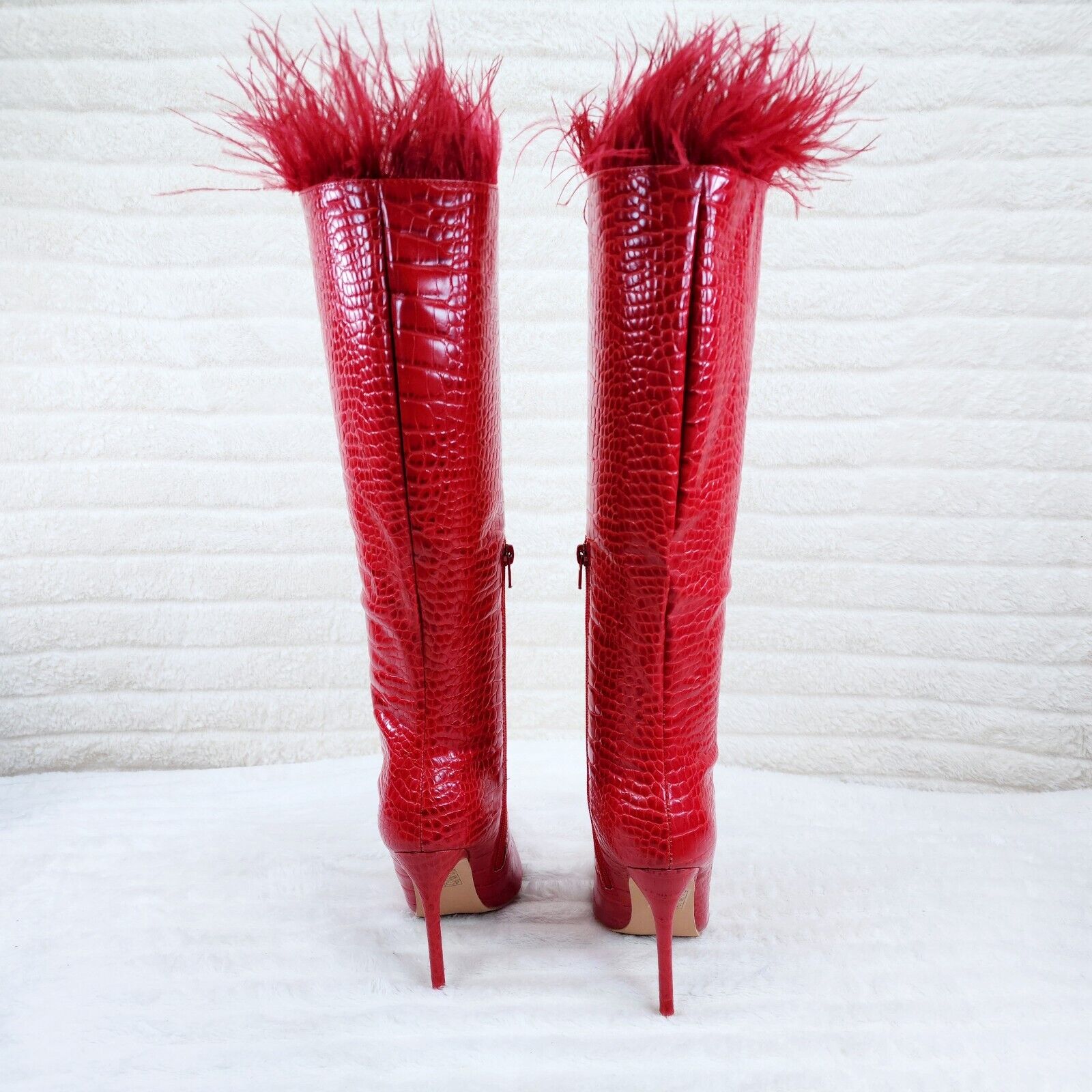 Flirty Red Snake Texture Knee High Heel Stiletto Boots Sexy Feather Top - Totally Wicked Footwear