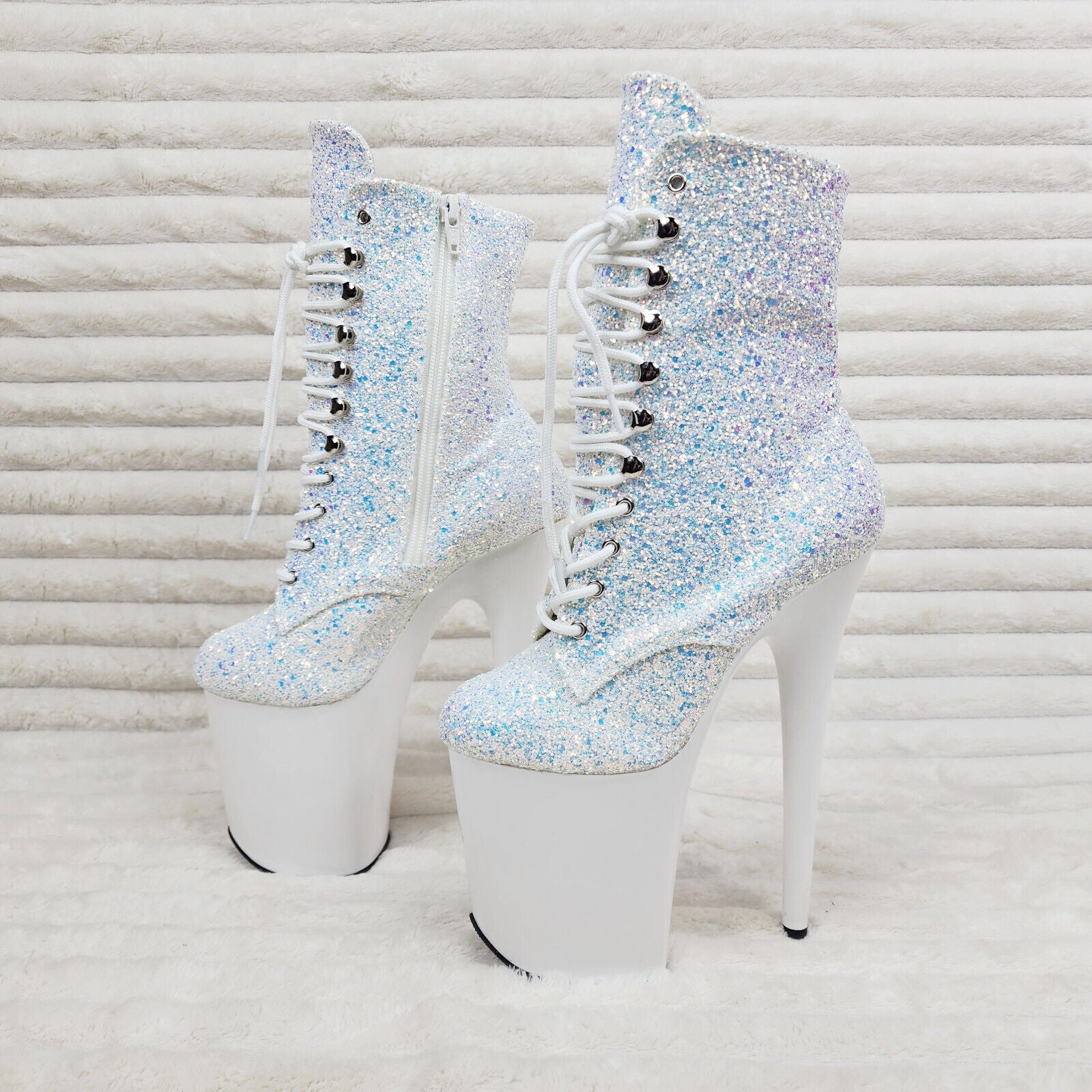 Flamingo White Ice UV Glitter 8" Heel Platform Ankle Boots US 6-12 NY - Totally Wicked Footwear