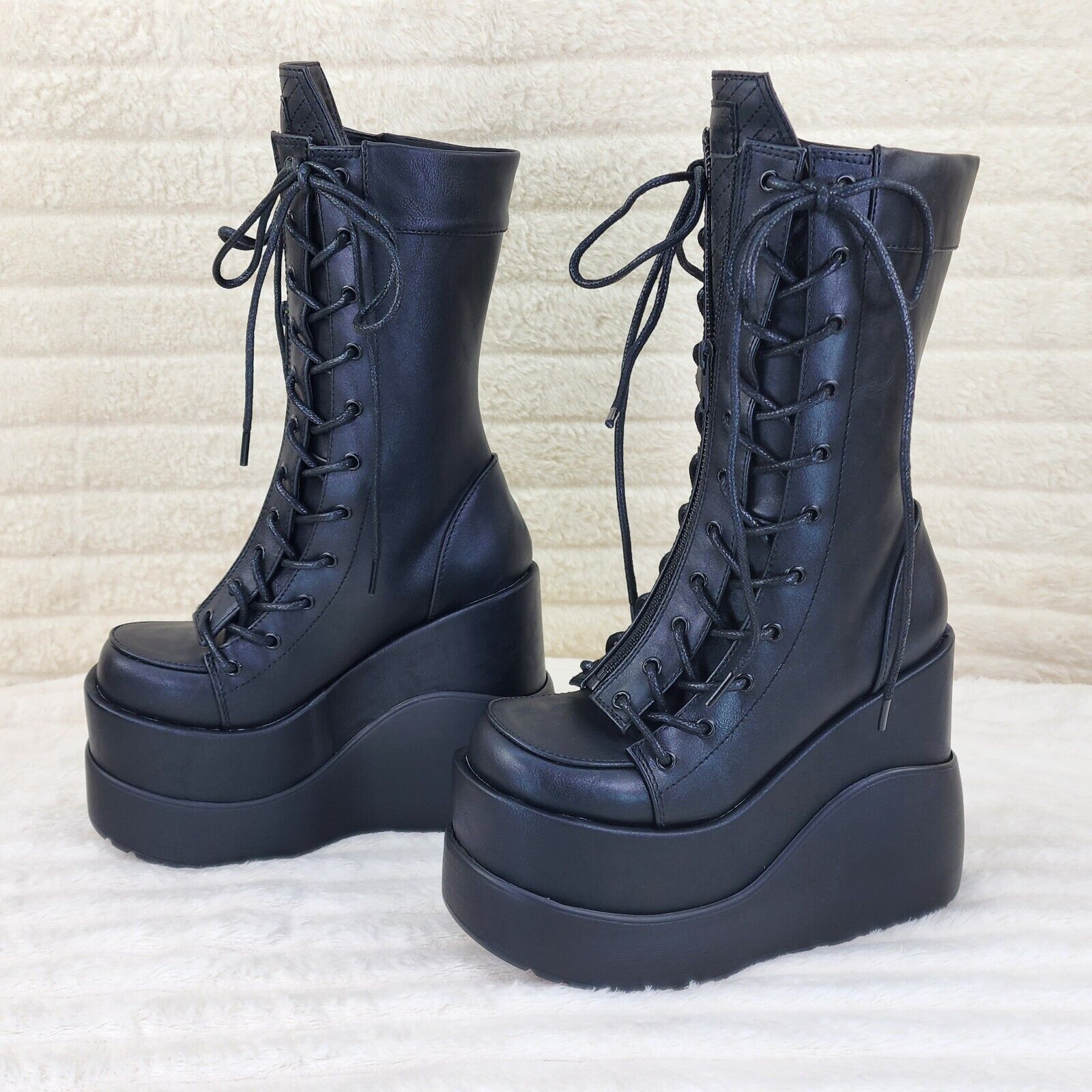Void Black Matte Reflective Platform Wedge Mid Calf Boots IN HOUSE NY Demonia - Totally Wicked Footwear