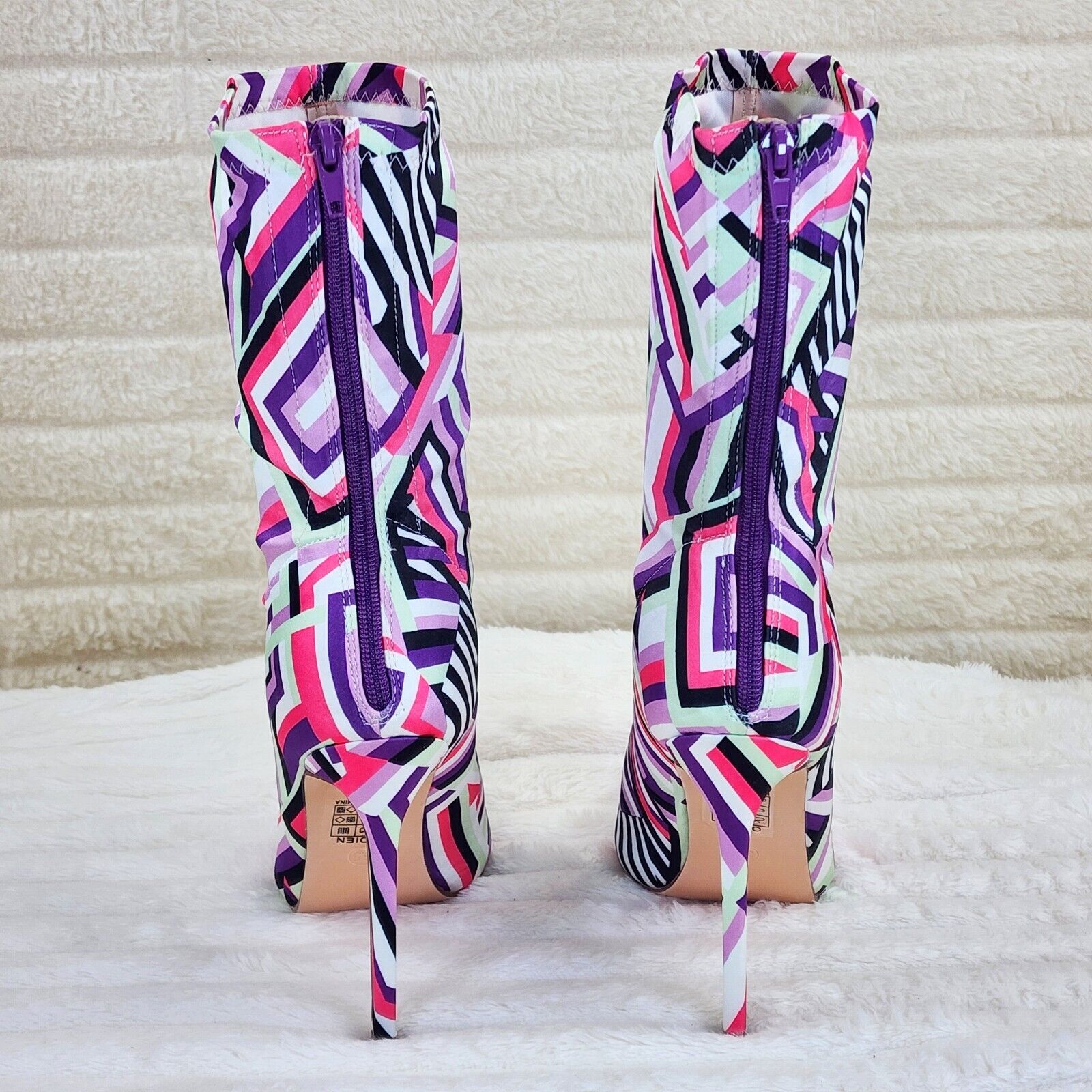 Odin Crazy Wild Color Pattern High Heel Stretch Fabric Ankle Boots - Purple Pink - Totally Wicked Footwear