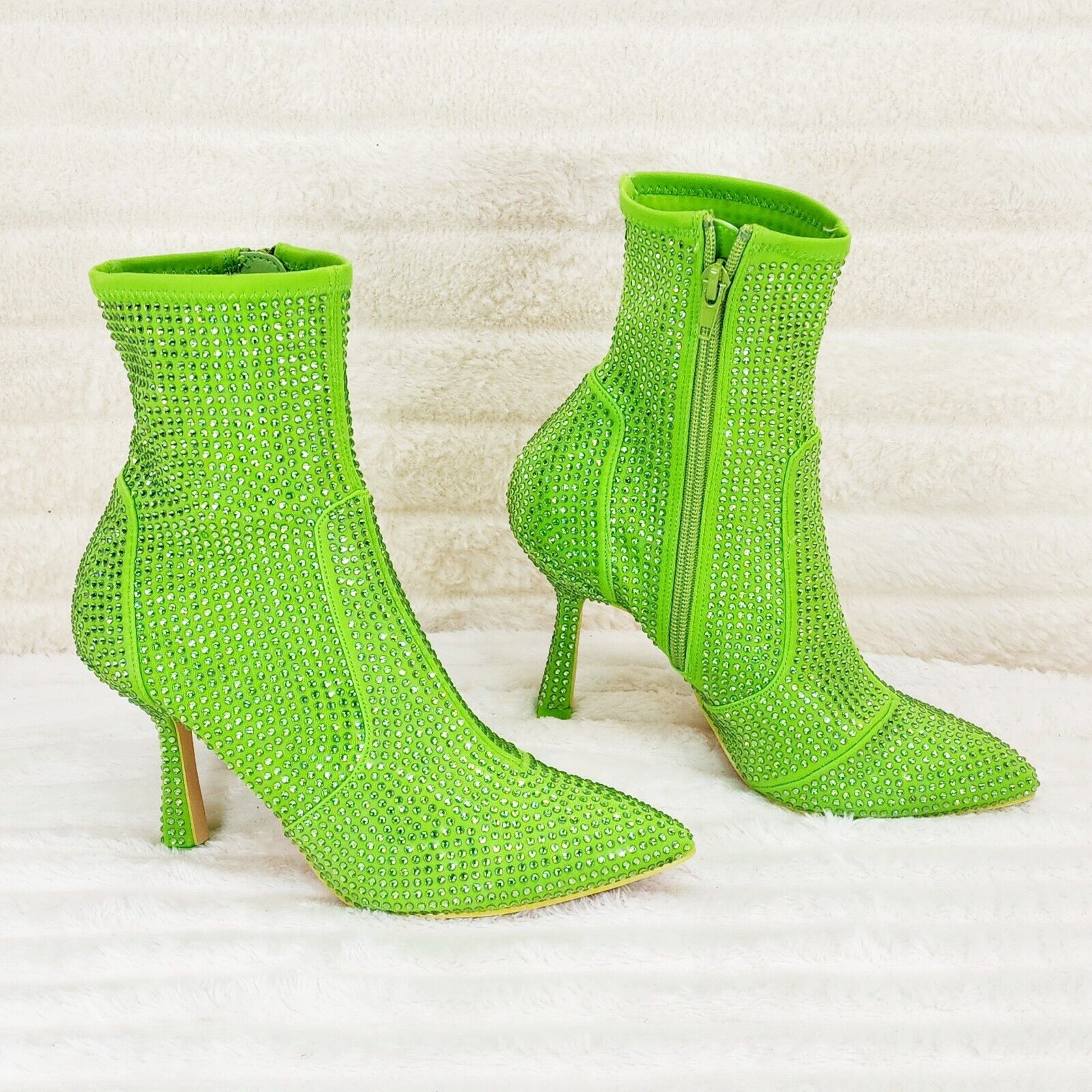 Stunning Fuchsia Bright Green Lime Stretch Rhinestone Ankle Boots 3.5" Heels New - Totally Wicked Footwear