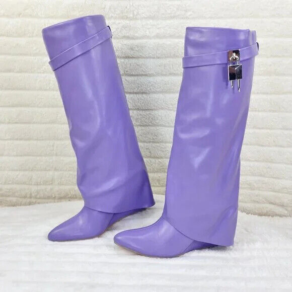 Fold Over Skirted Knee Boots 3" Wedge Heel Pull On Half Zipper Lilac Purple - Totally Wicked Footwear