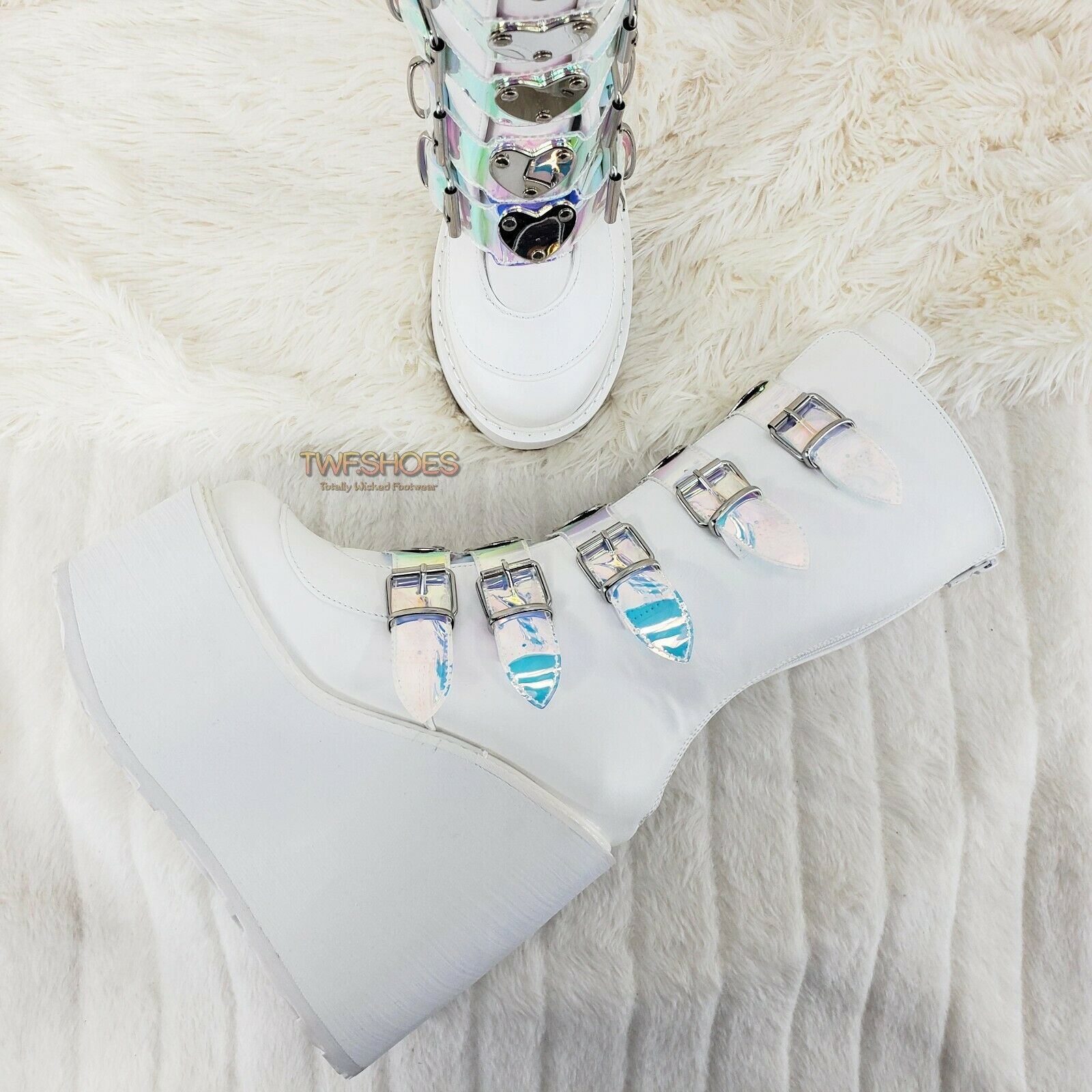 Cyber Swing 230 White Boot 5.5" Platform Heart Hologram Strap Design NY Restock - Totally Wicked Footwear