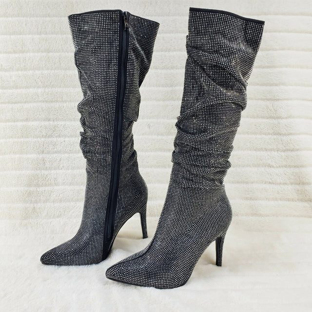 Sparkle Trend Black Rhinestone Slouchy Scrunch High Heel Knee Boots - Totally Wicked Footwear