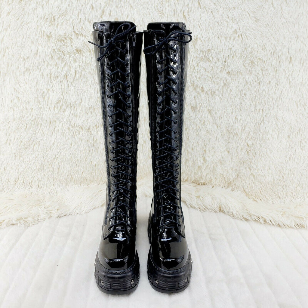 Wang Black Patent Punk Goth Rock 2" Platform 4.5" Wedge Lace Up Knee Boots - Totally Wicked Footwear