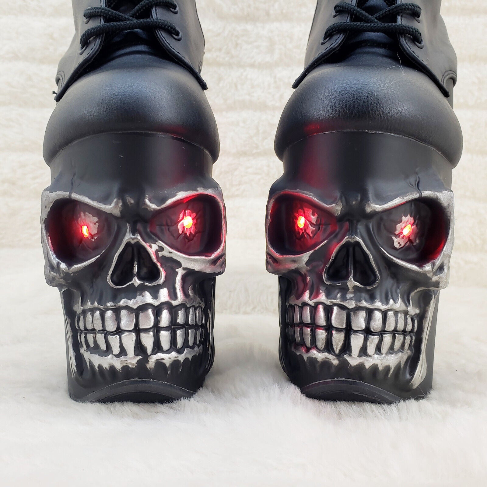 Rapture Black Skull & Bones 8" High Heel Platform Ankle Boots Lighted Eyes NY - Totally Wicked Footwear
