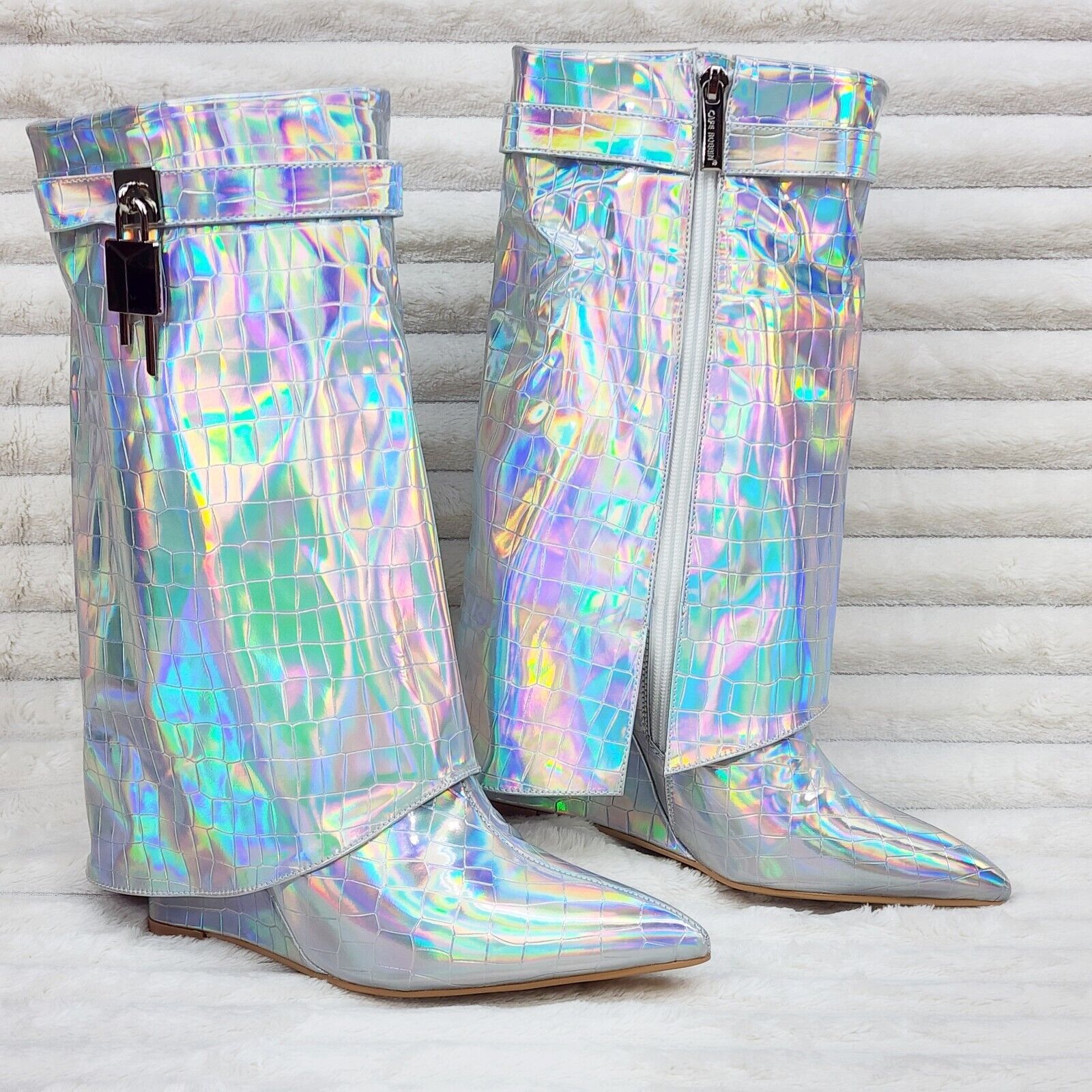 Vision Royal Silver Hologram Wedge Heel Fold Over Skirted Ankle Boots - Totally Wicked Footwear