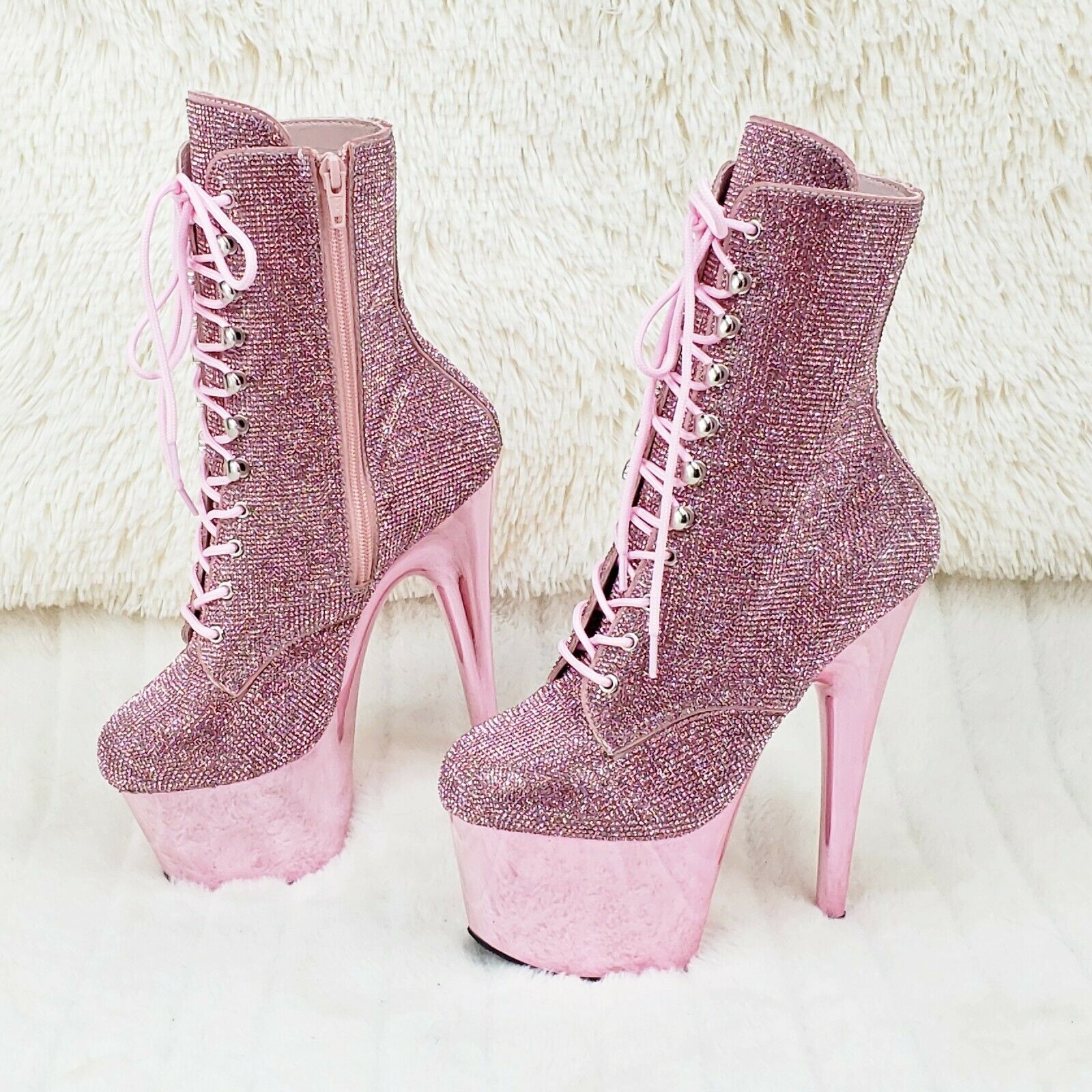 Adore 1020CHRS Bejeweled Lace Up 7" High Heel Chrome Platform Ankle Boots NY - Totally Wicked Footwear