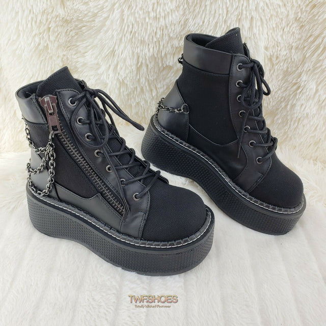 Demonia Emily 114 Black Canvas Chain 2" Platform Punk Goth Ankle Boots NY - Totally Wicked Footwear