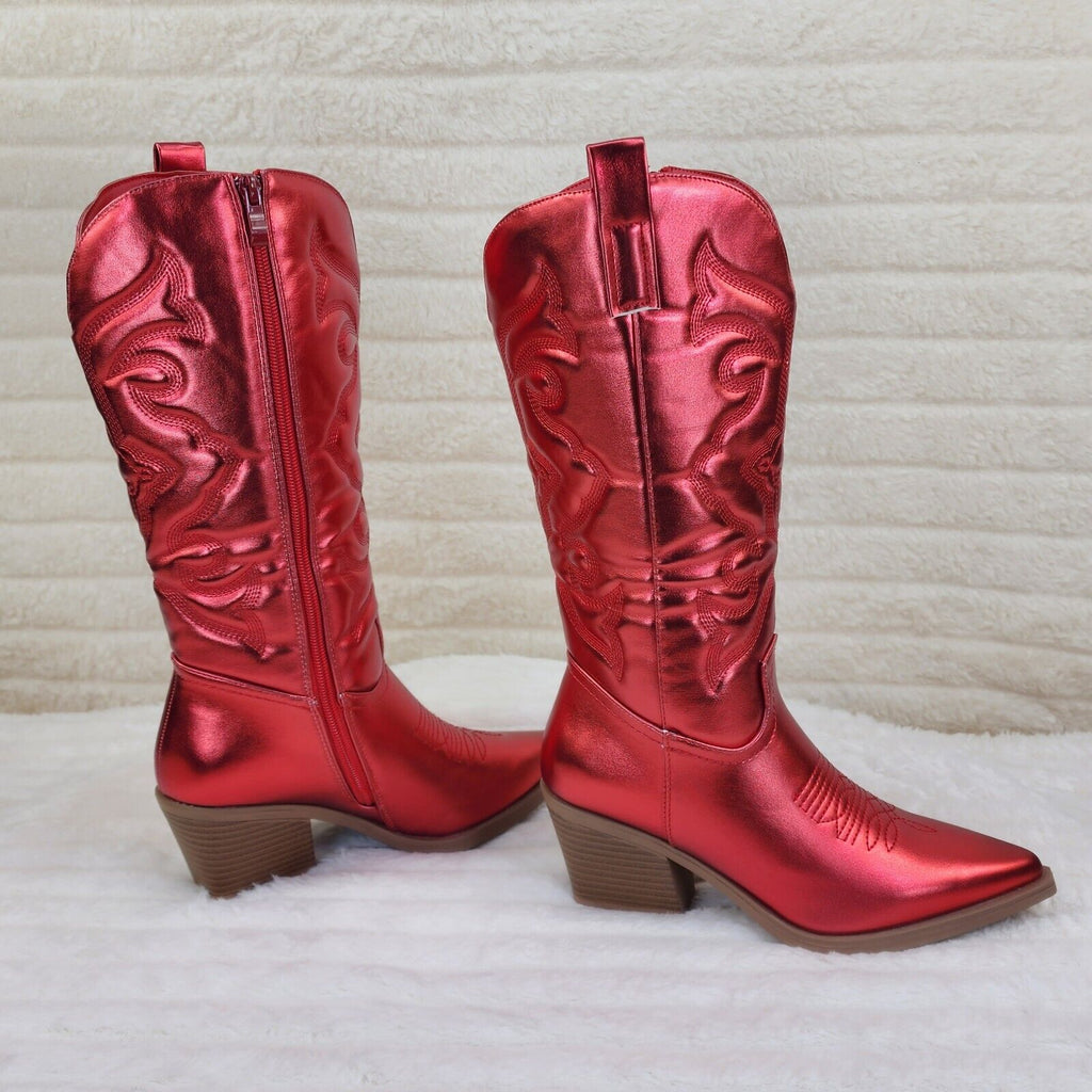 Disco Cowgirl Metallic Red Cowboy Knee Boots Western Block Heels US Sizes - Totally Wicked Footwear