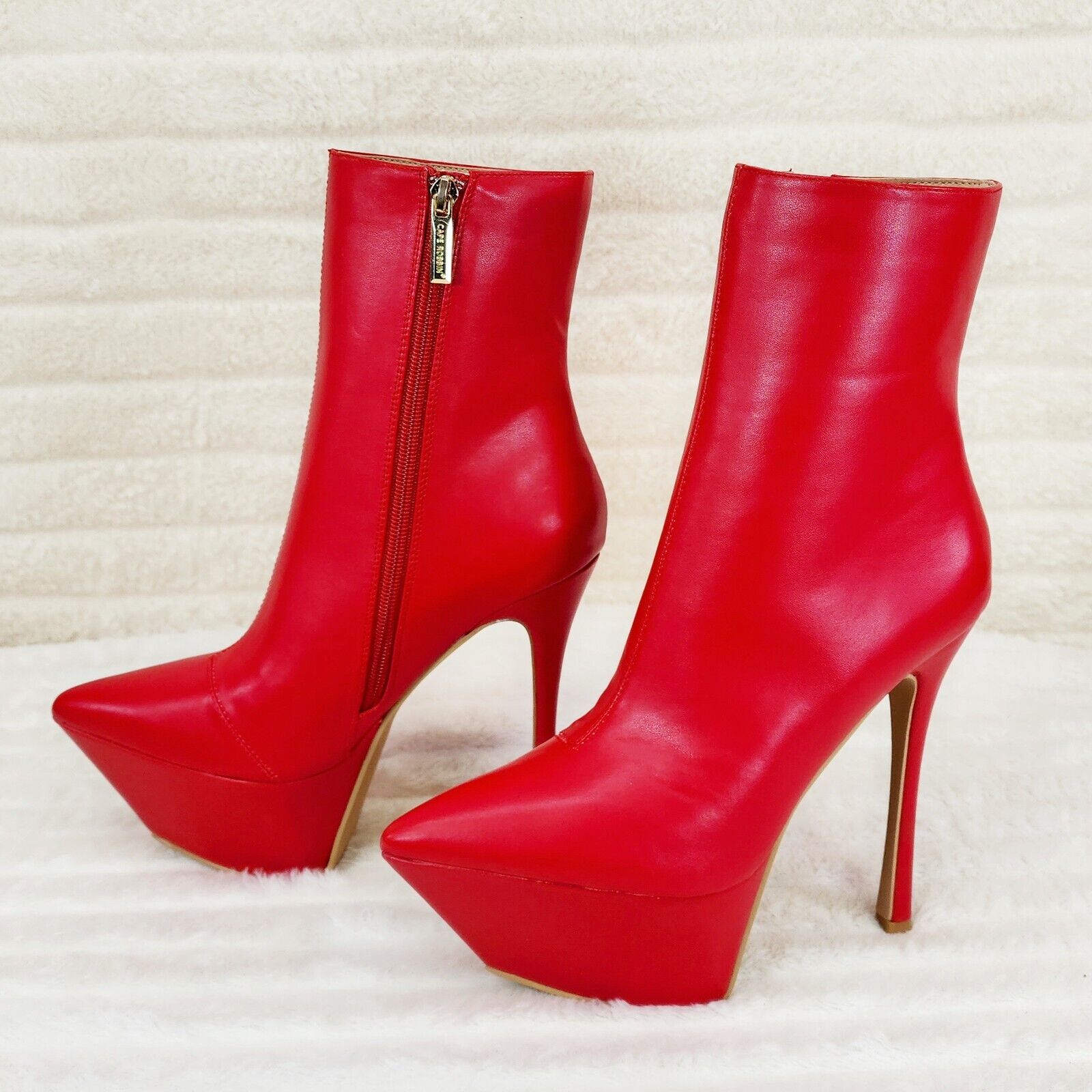 Kinder Pointy Toe Platform Stiletto Heel Ankle Boots Bright Red Stretch - Totally Wicked Footwear