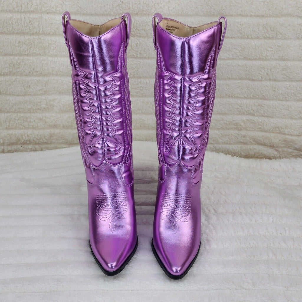 Disco Cowgirl Metallic Lilac Purple Cowboy Knee Boots Western Block Heels US - Totally Wicked Footwear