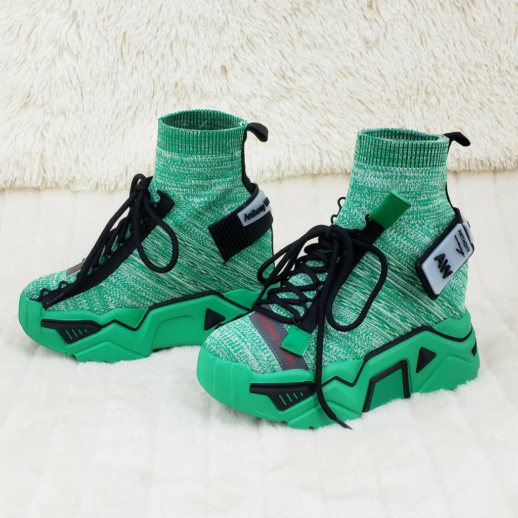 Wang Damson Pull On Knit Platform Sneaker Boots 4" Hidden Wedge Green Knit - Totally Wicked Footwear