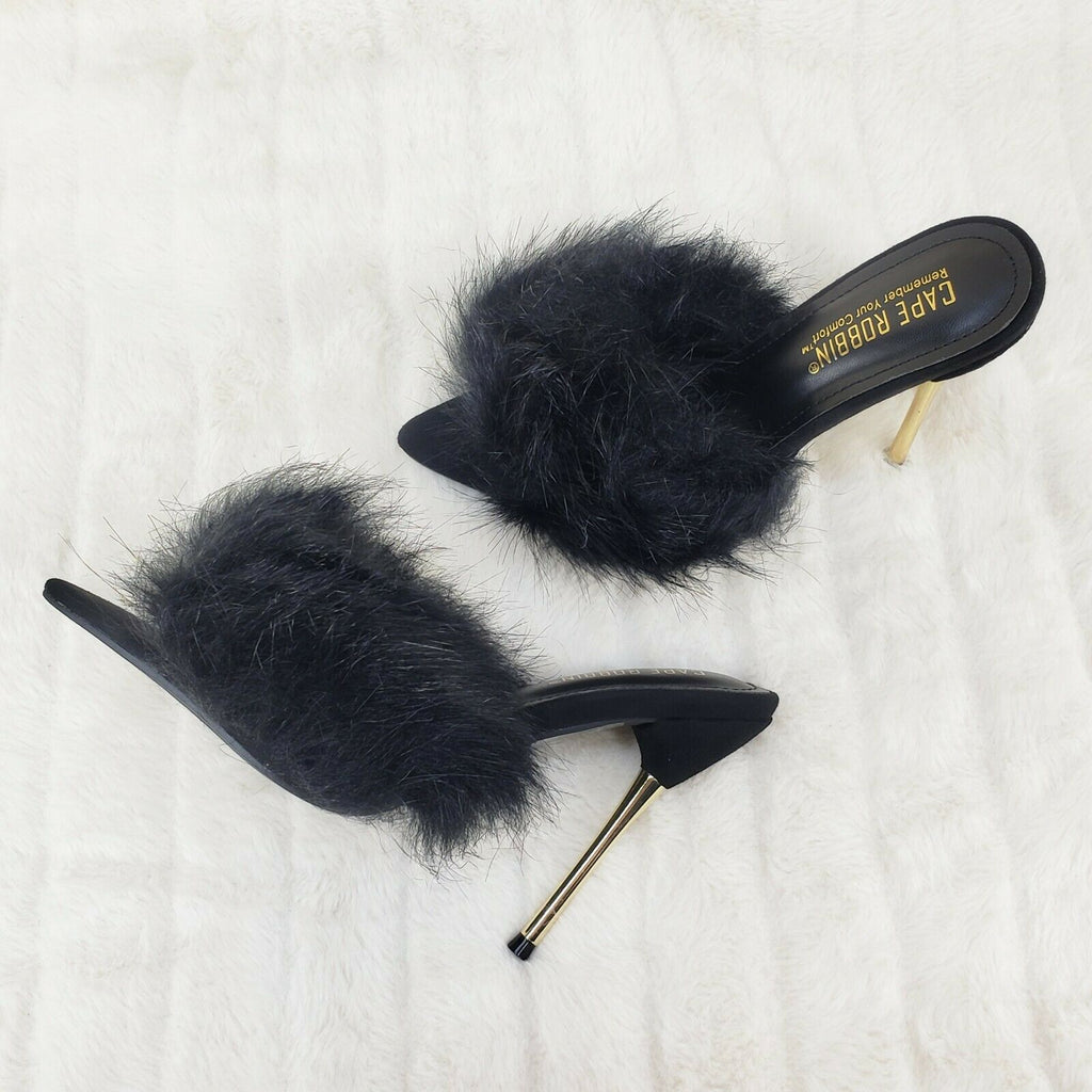 Fuji Furry Pointy Toe Slip On 4.5" Gold Tone Slim Heels Black - Totally Wicked Footwear