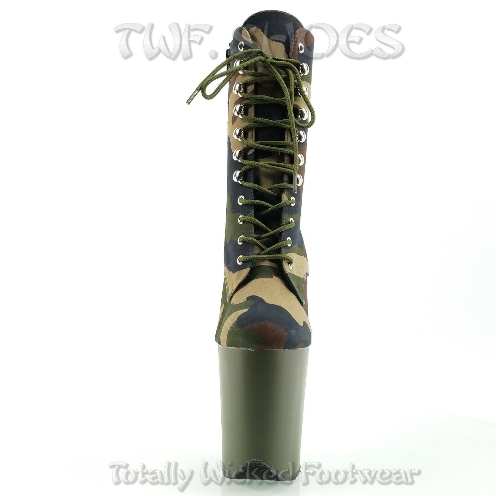 Flamingo 1020 Green Camo Olive Platform 8" High Heel Lace Up Ankle Boots 7-12 NY - Totally Wicked Footwear