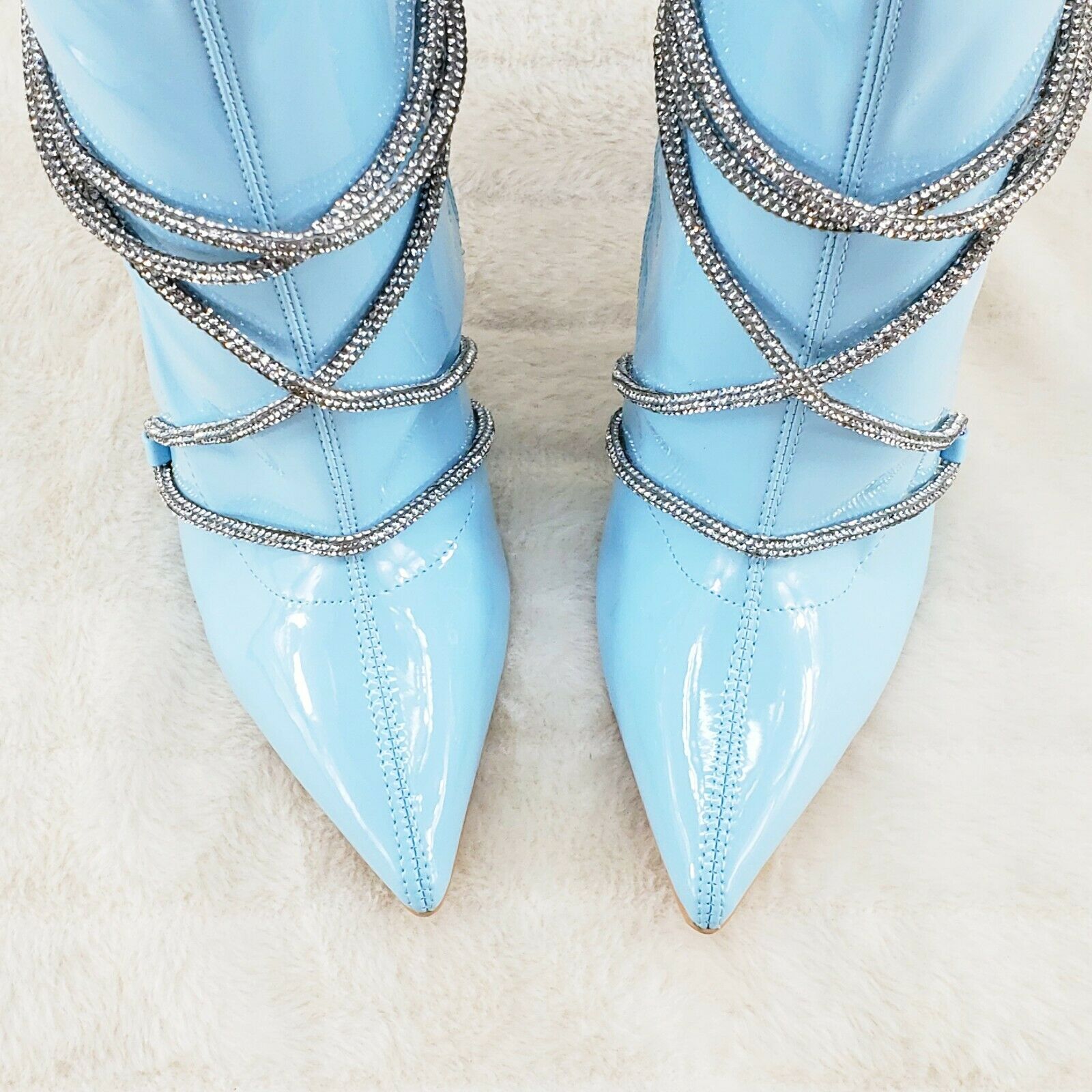 Destiny Baby Blue Stretch Patent Cable Rhinestone Strap High Heel Ankle Boots - Totally Wicked Footwear