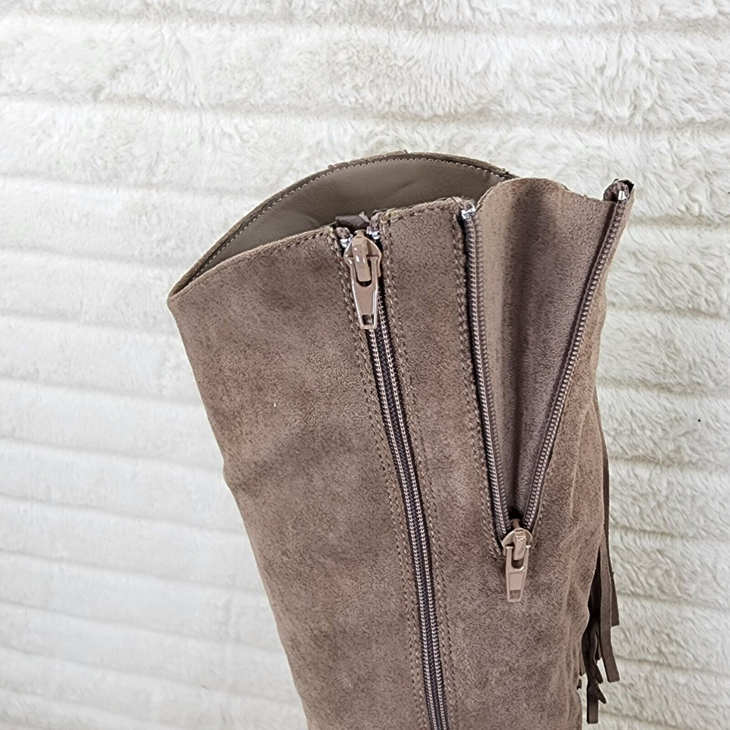 Wild One Taupe Vegan Suede Asymmetrical Side Fringe Western Cowgirl Knee Boots - Totally Wicked Footwear