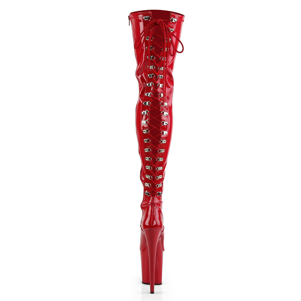 Flamingo 3063 Back Lace Thigh High Platform Boots 8" High Heels Red Patent NY - Totally Wicked Footwear