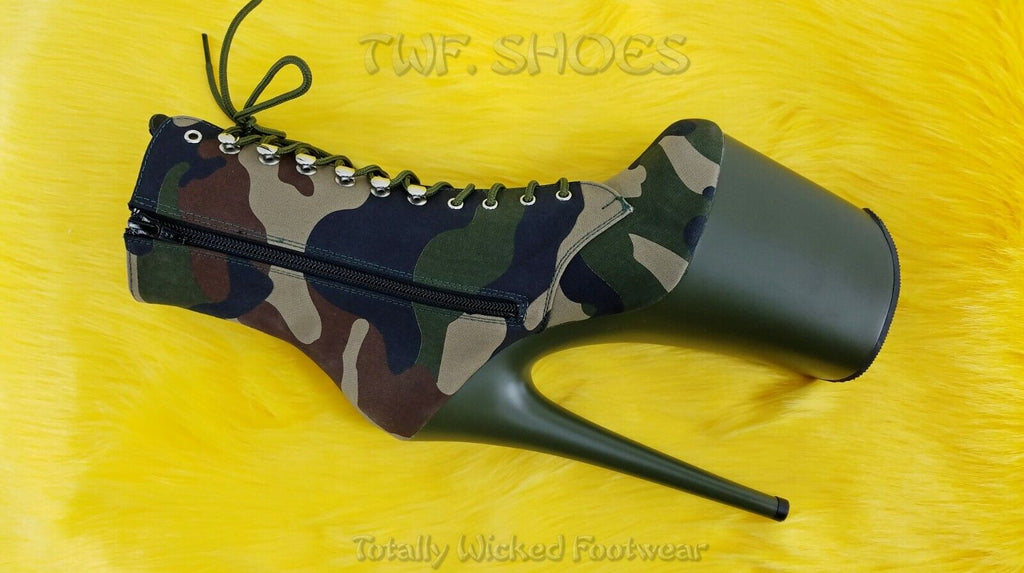 Flamingo 1020 Green Camo Olive Platform 8" High Heel Lace Up Ankle Boots 7-12 NY - Totally Wicked Footwear