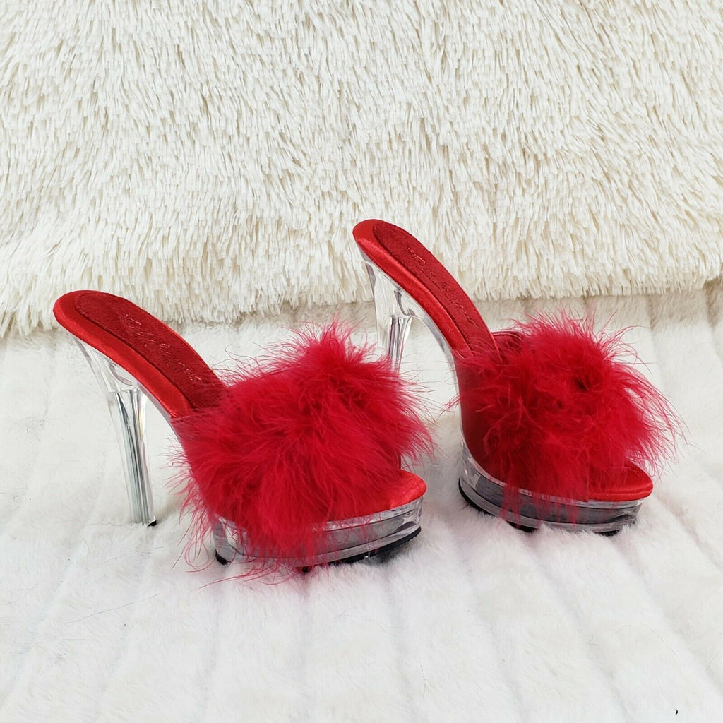 Majesty 501 Marabou Feather Slip On Platform Sandals 6" Stiletto Heel Shoes Red - Totally Wicked Footwear