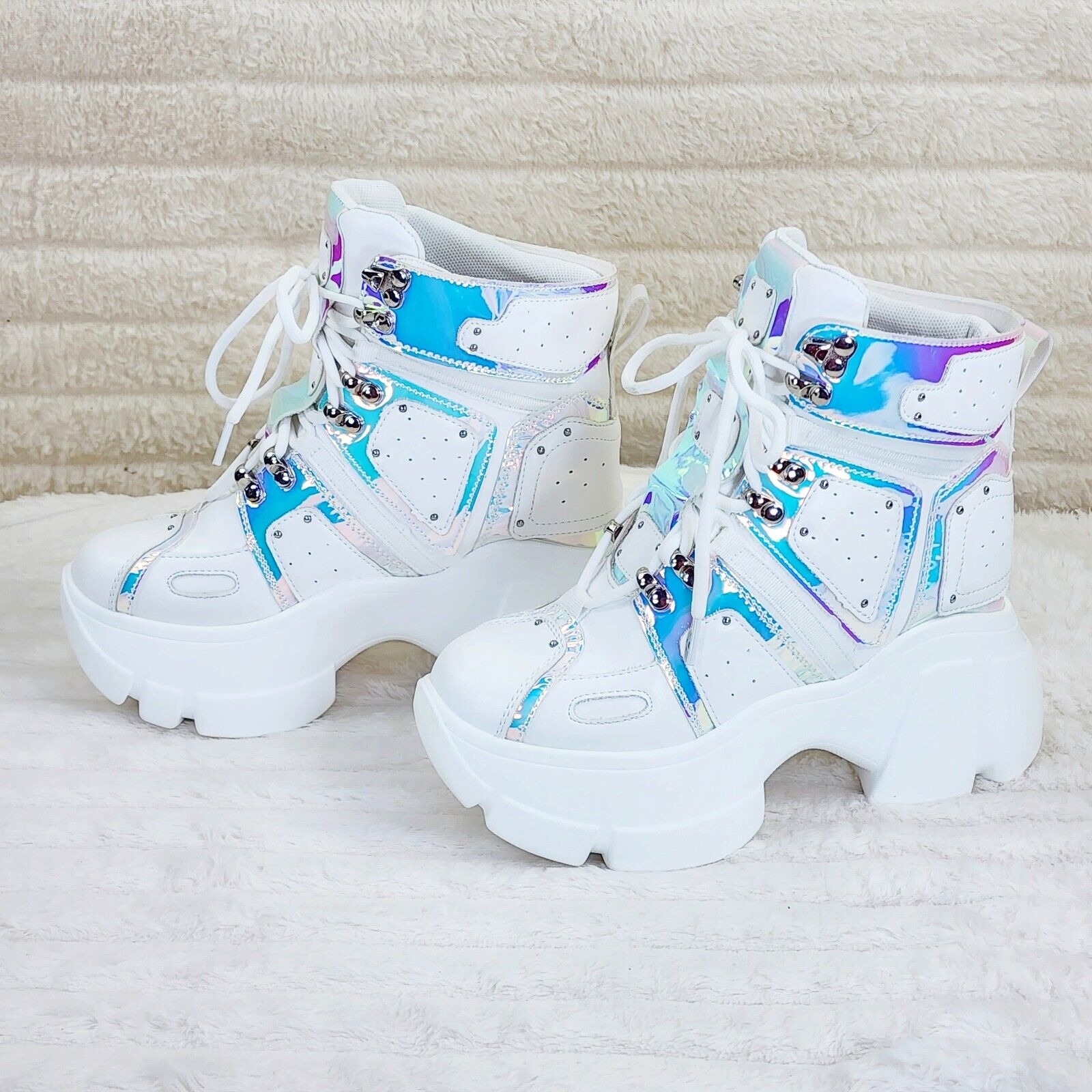 Wang Mangosteen / Passion Lace Up Hidden Wedge Women's Combat Sneakers White - Totally Wicked Footwear