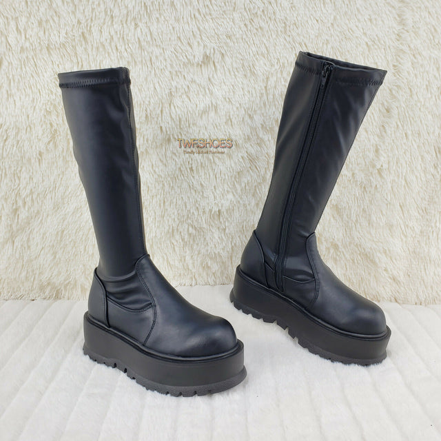 Demonia Slacker 200 65 Black Matte Platform Wedge Heel Knee Boots NY - Totally Wicked Footwear