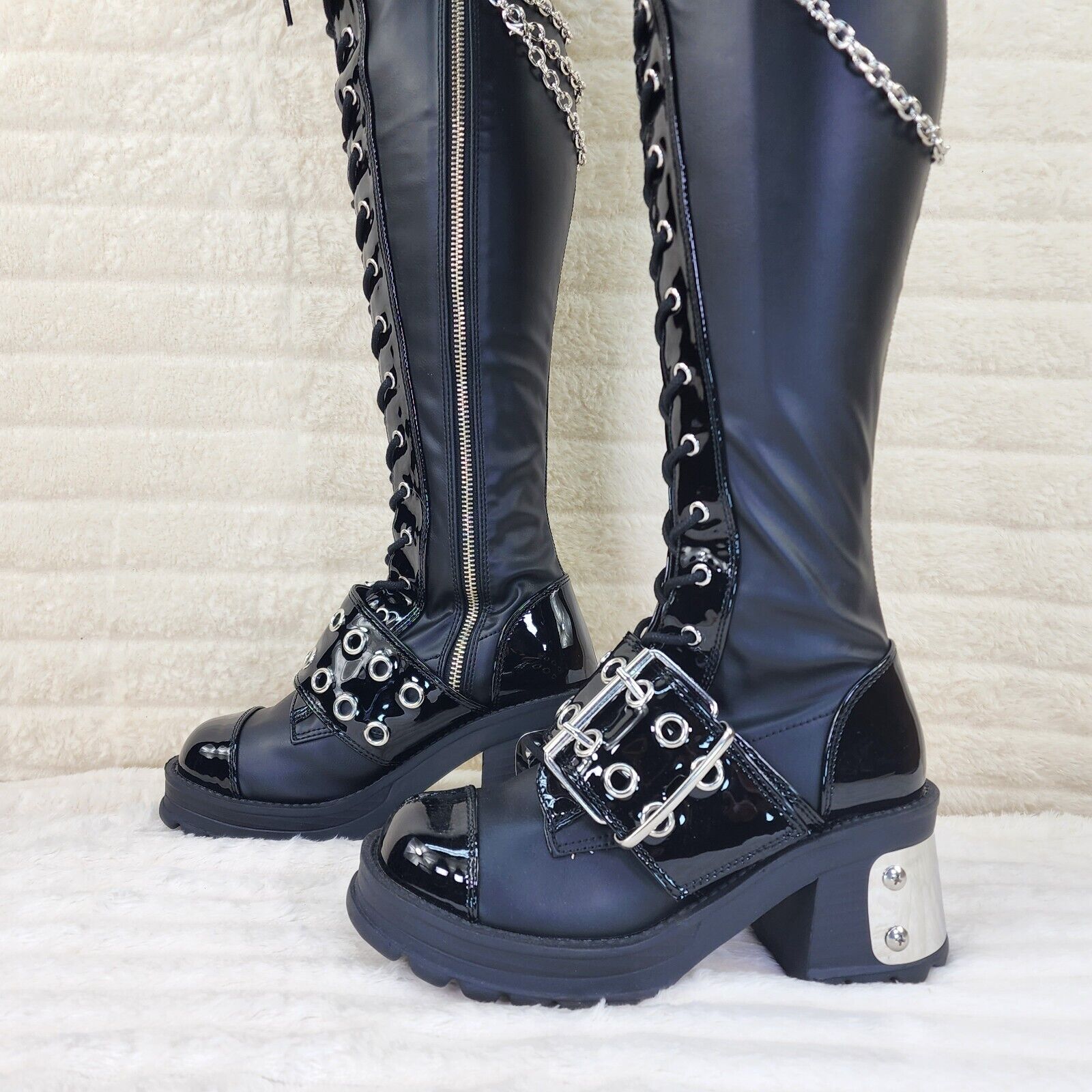 Bratty 304 Zipper Strap Buckle Biker Goth Punk Lace Up Thigh Boots In House NY - Totally Wicked Footwear