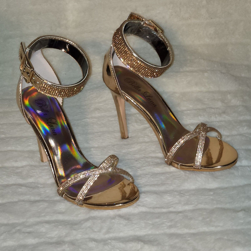 Fairy Gold High Heel Stiletto Shoes With Rhinestone Toe & Ankle Straps - Totally Wicked Footwear
