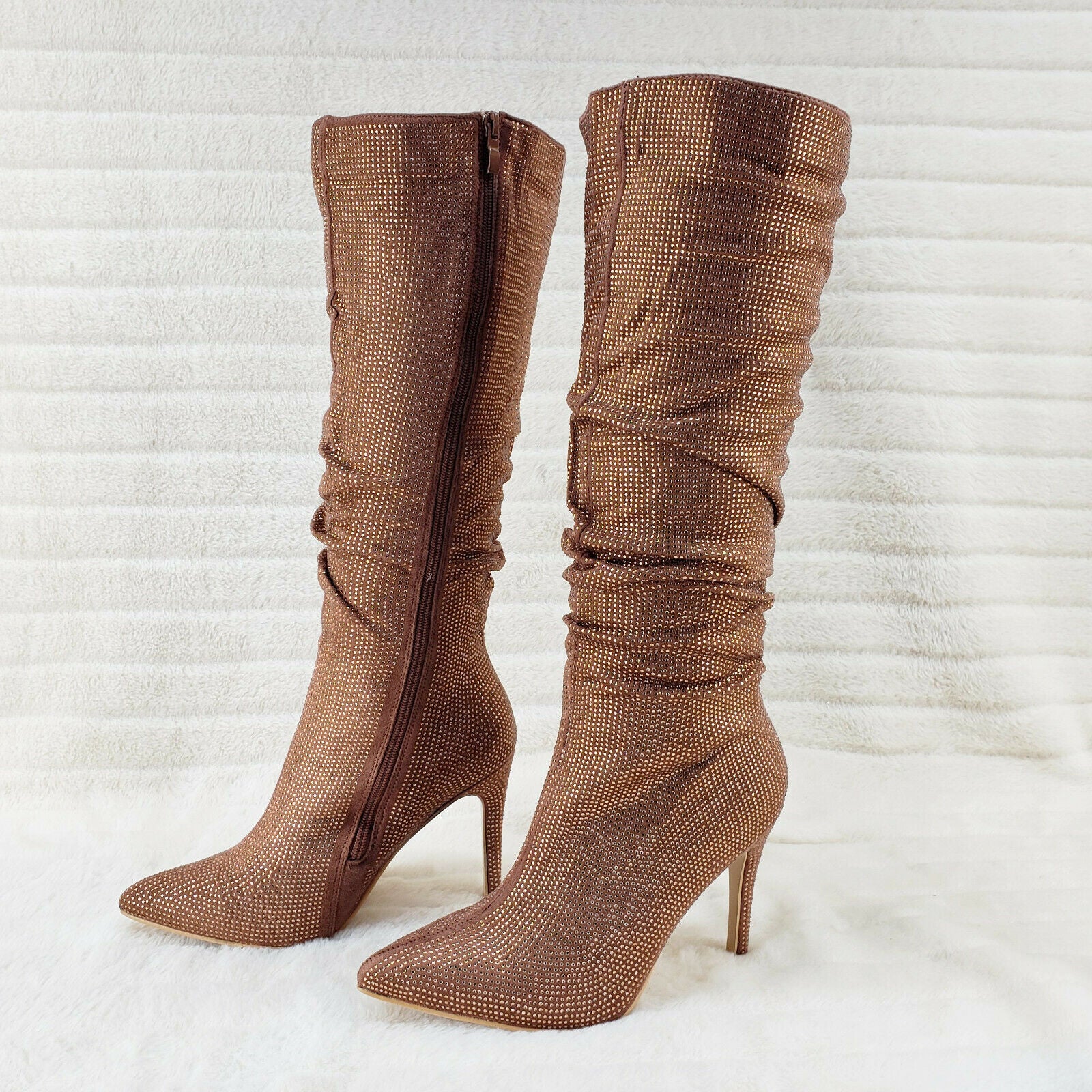 Sparkle Trend Brown Rhinestone Slouchy Scrunch High Heel Knee Boots - Totally Wicked Footwear