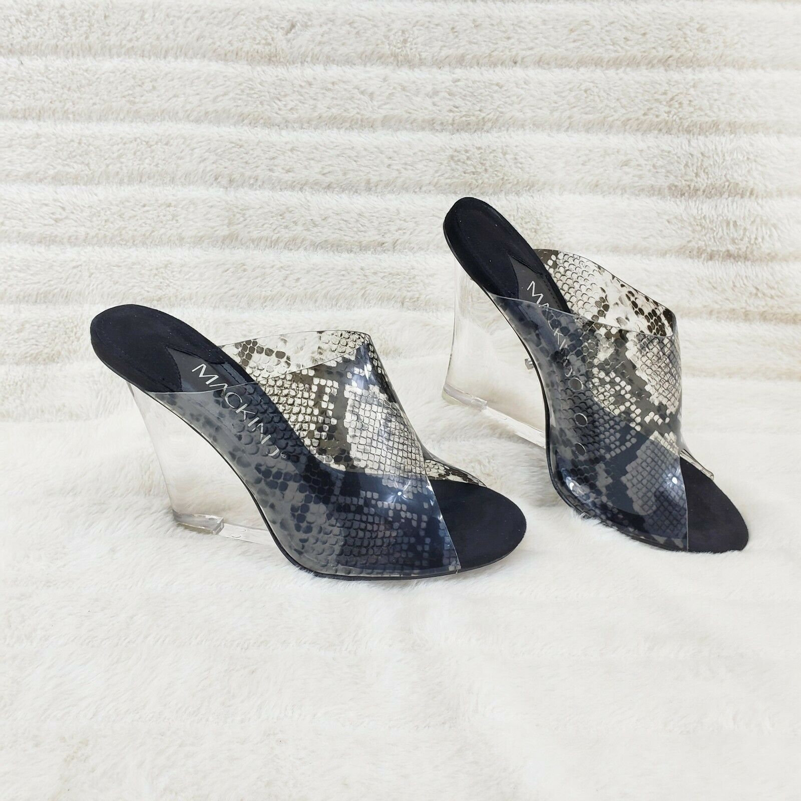 Mac J Black Transparent Snake Print Slip On Clog 5" Clear Acrylic Wedge Heels - Totally Wicked Footwear