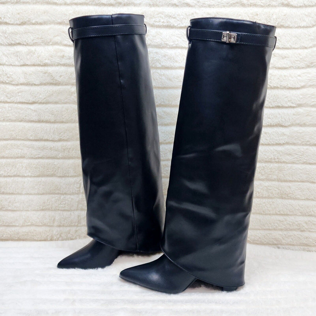 Paris Black Skirted Fold Over 3.5" Block Heel Knee High Boots - Totally Wicked Footwear