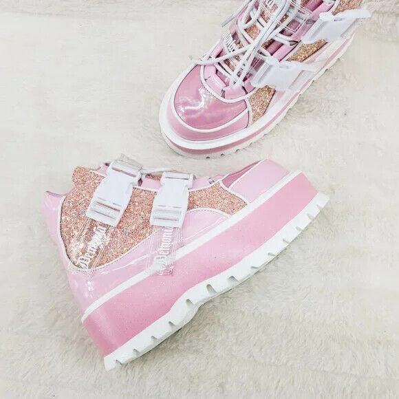 Slacker 50  Pink Glitter Platform Sneaker Ankle Boots DEMONIA - Totally Wicked Footwear