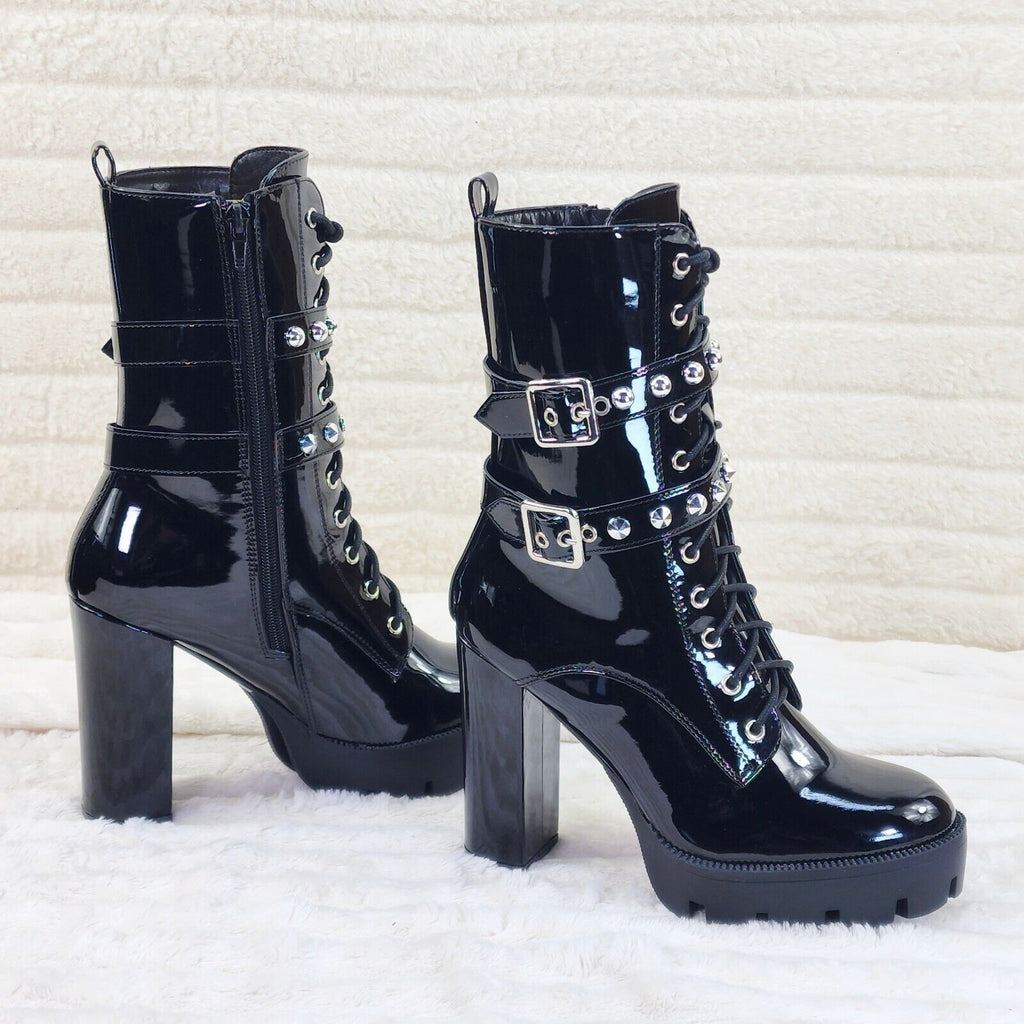 Shiney Black Patent Lug Sole Studded Strap Ankle Boots Temptress - Totally Wicked Footwear