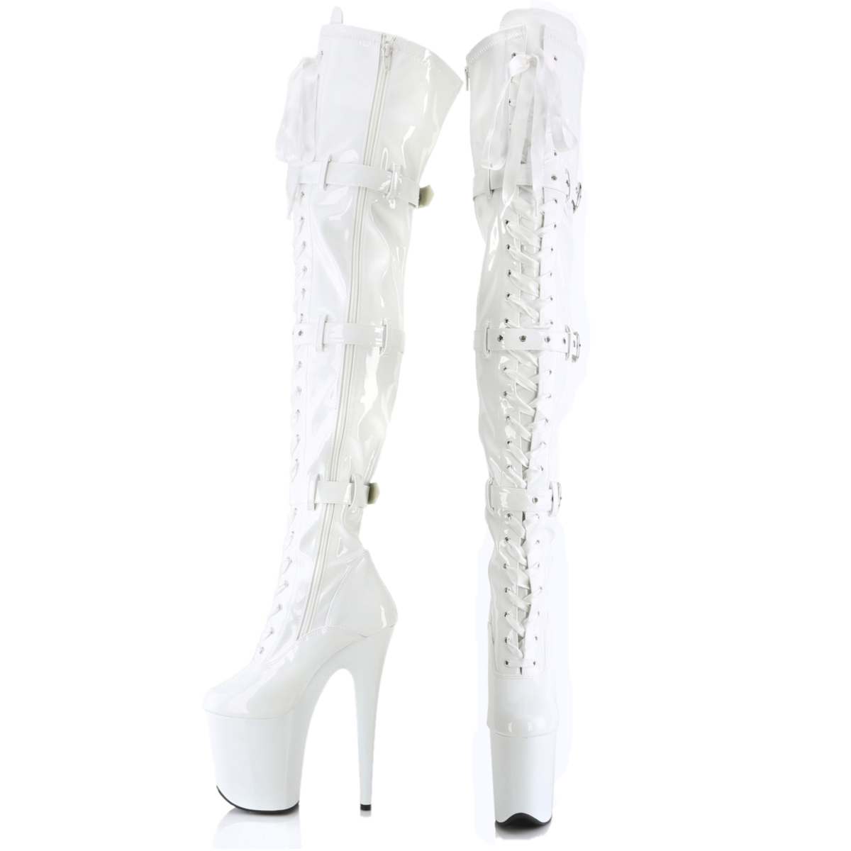 Flamingo 3028 Triple Buckle Thigh High Platform Torment Boot White Patent NY - Totally Wicked Footwear