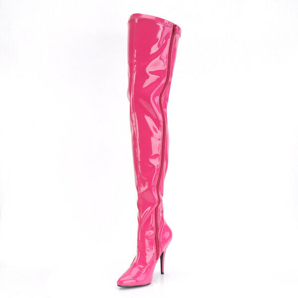 Seduce 3000 Stretch Hot Pink Patent Thigh High Boot Stiletto Heels Sizes 13 & 14 - Totally Wicked Footwear