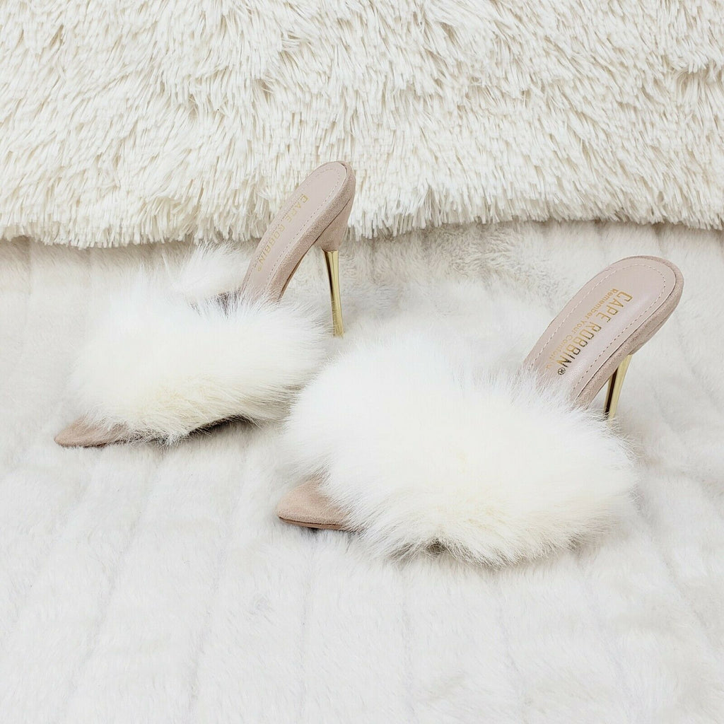 Fuji Furry Pointy Toe Slip On 4.5" Gold Tone Slim Heels Nude - Totally Wicked Footwear
