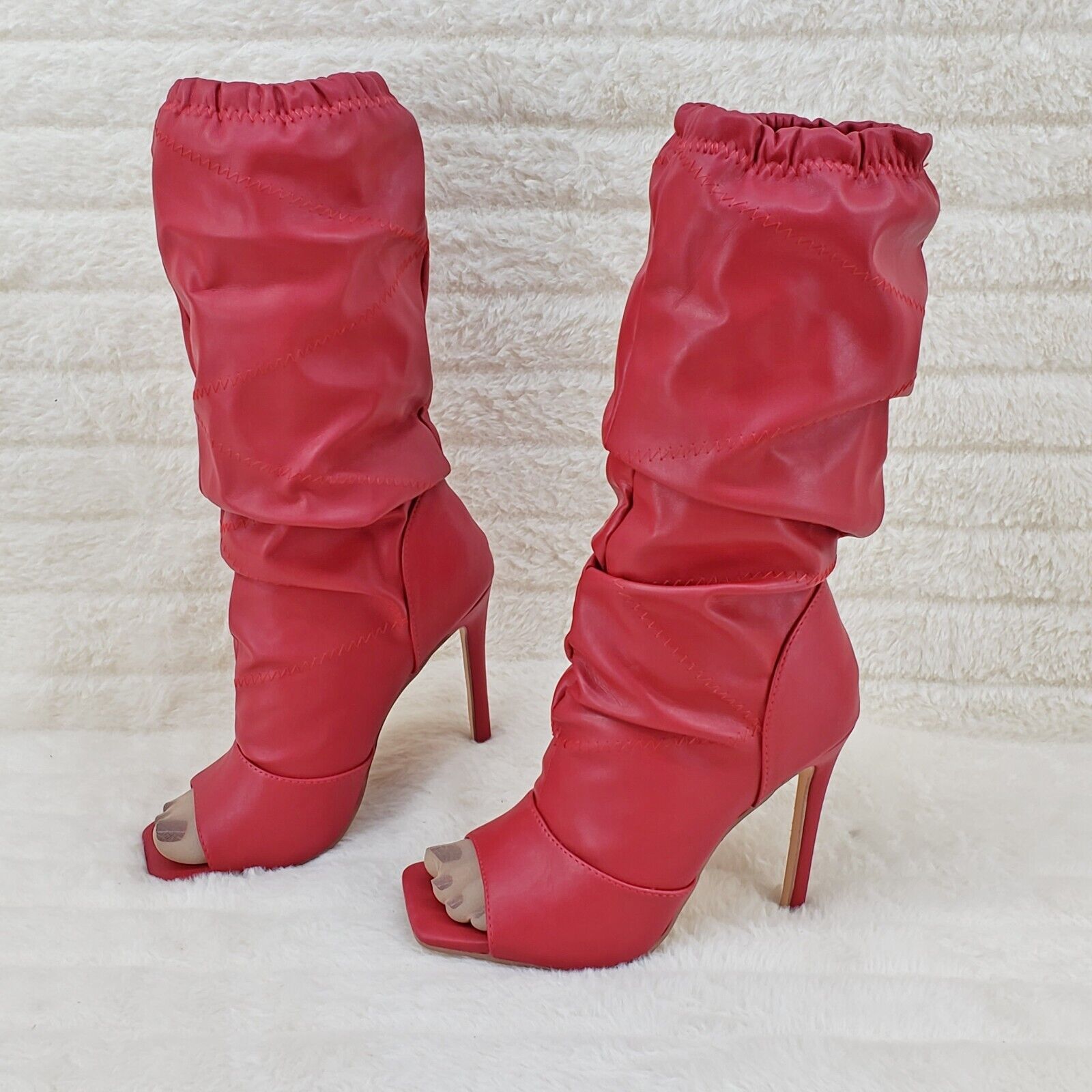 Victoria RED Square toe Mid Calf Adjustable Slouch Scrunch Pull On Boots - Totally Wicked Footwear
