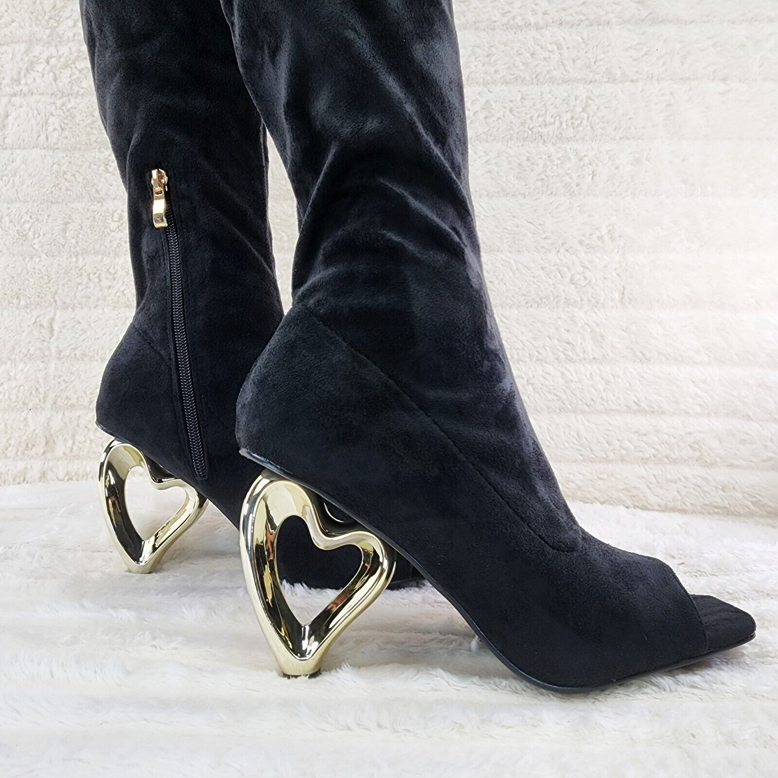 Zen Love Colorful Black Stretch FX Suede Over The Knee Boots Wedge Heart heels - Totally Wicked Footwear