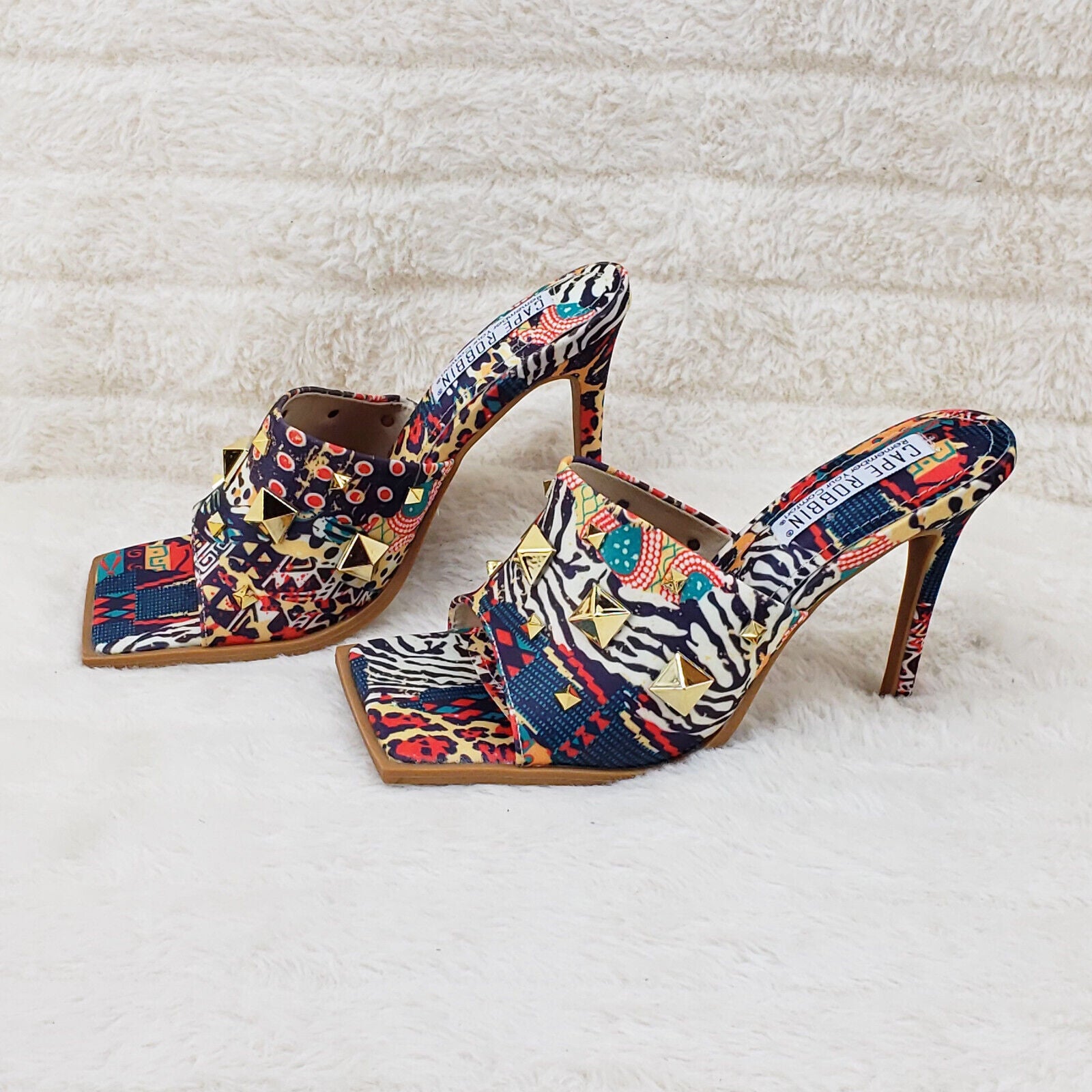 Popo Slip On Square Open Toe High Heel Clogs Mules Slides Multi Print - Totally Wicked Footwear